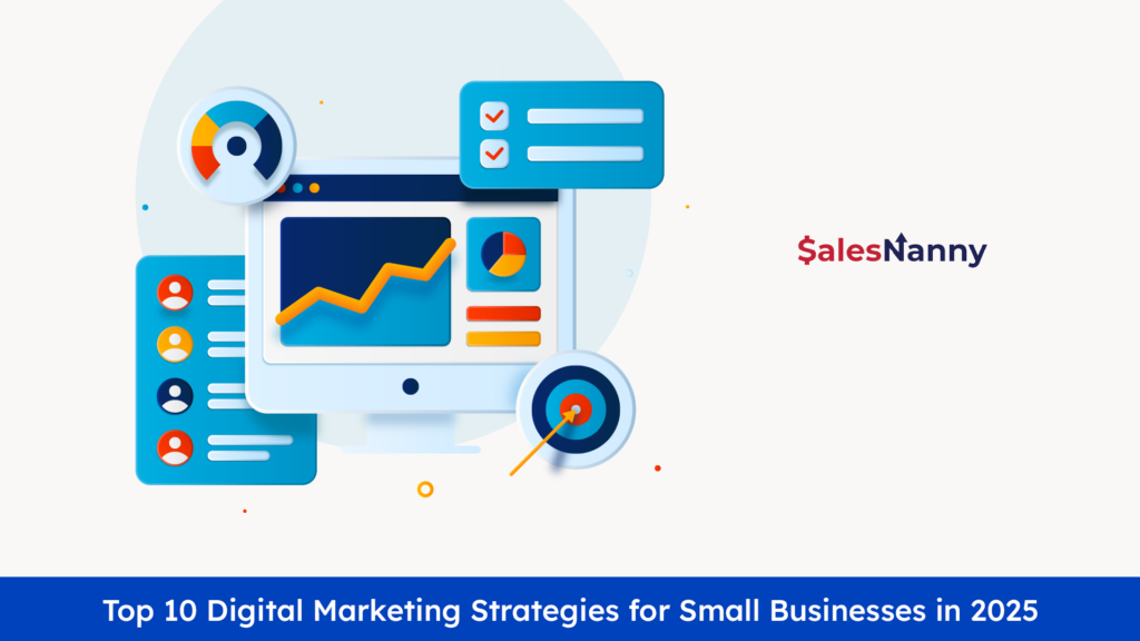 Illustration of digital marketing elements including graphs, charts, and checklists, representing top 10 digital marketing strategies for small businesses in 2025