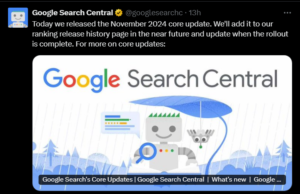 Google Search Central tweet announcing the November 2024 core update release