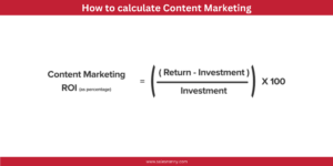 Image showing the formula for calculating Content Marketing ROI, displayed as ROI = [(Return - Investment) / Investment] × 100, with a red header stating 'How to calculate Content Marketing' and the website www.salesnanny.com at the bottom.