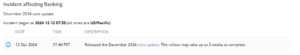 Screenshot displaying the December 2024 Core Update details, highlighting the update's release on December 12, 2024, at 7:46 PST, with a rollout timeframe of up to two weeks.