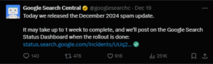 Screenshot of a tweet by Google Search Central announcing the December 2024 spam update with details about its completion timeline and a link to the status dashboard.