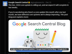 Google Search Central tweet announcing the December 2024 core update rollout, expected to complete in two weeks, with a link to a blog post explaining the update.