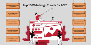 Illustration of web designers working on a large webpage, surrounded by 10 web design trends for 2025, including AR experiences, AI-driven personalization, 3D designs, dark mode, accessibility, bold fonts, micro-animations, sustainable design, voice navigation, and minimalism.