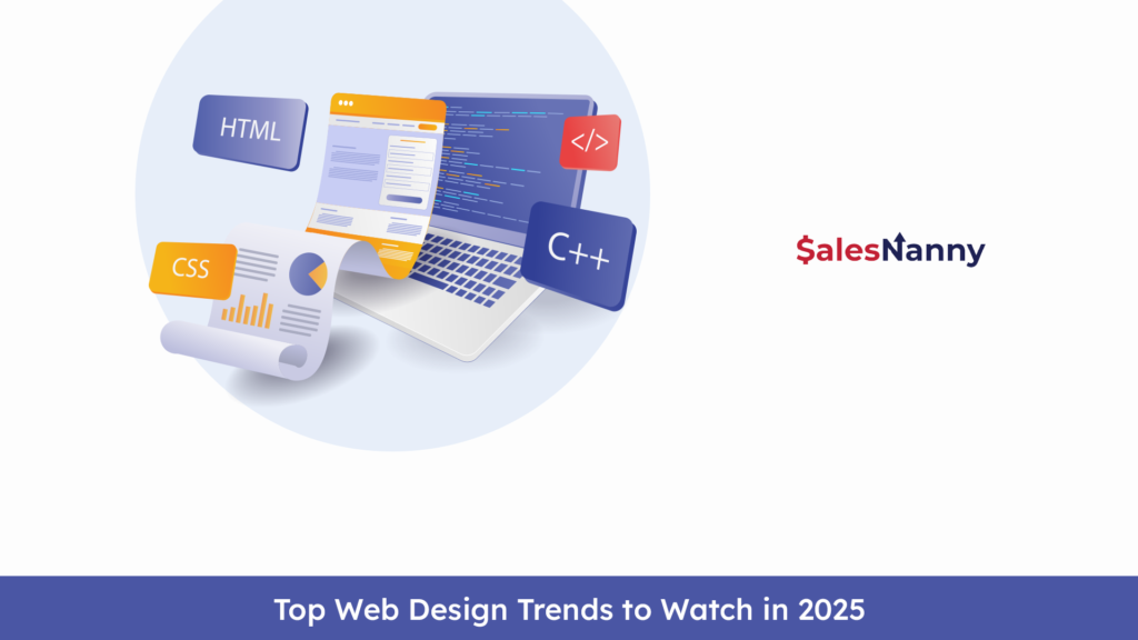 Illustration of a laptop with HTML, CSS, and C++ elements, along with design charts and coding snippets, highlighting emerging web design trends for 2025.