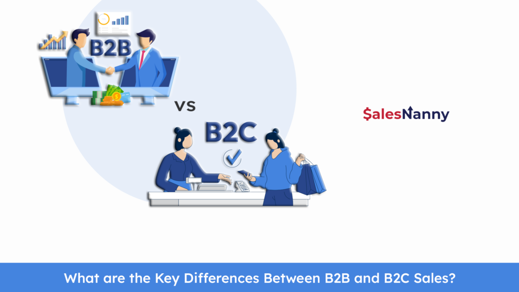 Comparison graphic illustrating key differences between B2B and B2C sales, featuring handshake for B2B and retail checkout for B2C, symbolizing distinct transaction styles and customer focus.