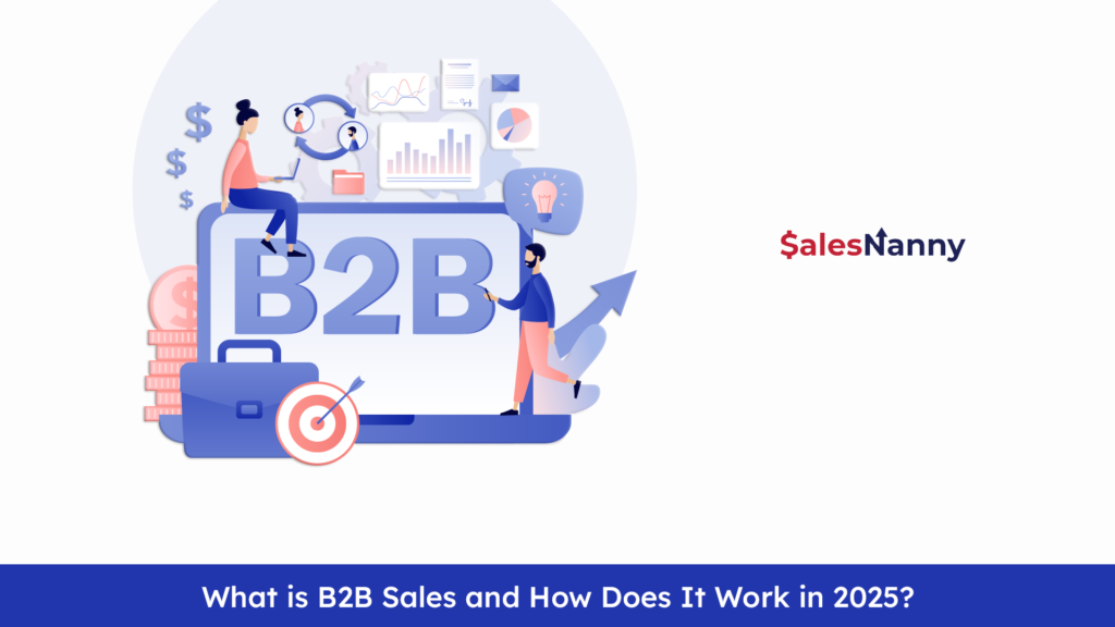 B2B sales overview with visual elements: charts, graphs, collaboration icons, and a target for 2025 strategies.