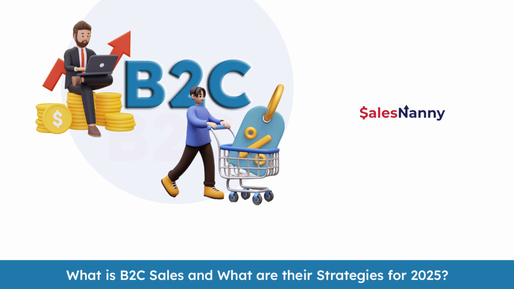 Illustration highlighting B2C sales strategies for 2025, featuring a business professional with coins and a shopper with a cart, representing growth and consumer engagement.