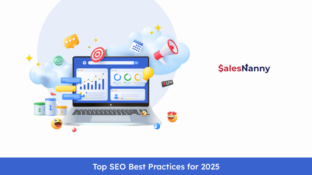 Colorful and engaging illustration of a laptop displaying SEO analytics and charts, surrounded by playful icons such as a target, megaphone, and emoji, representing top SEO best practices for 2025.