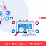 llustration comparing ASO (mobile app icons) and SEO (analytics dashboard with magnifying glass)