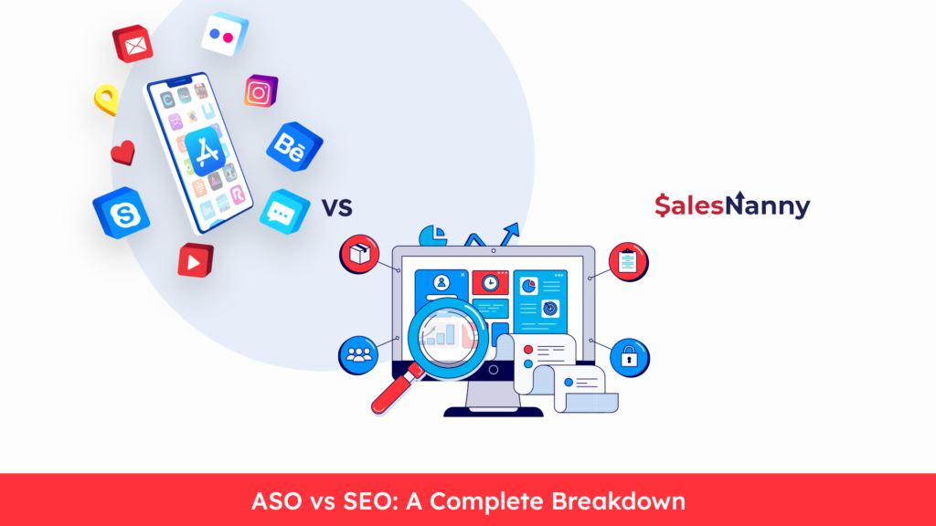 llustration comparing ASO (mobile app icons) and SEO (analytics dashboard with magnifying glass)