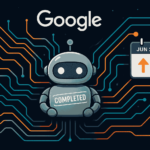 A modern, futuristic illustration showing Google's search algorithm as a dynamic circuit board with colorful ranking signals flowing through it. A calendar icon shows June 2025, with upward and downward arrows representing ranking shifts. Use a clean, professional, tech-driven style with a dark-themed background and glowing search elements with google bot image and a completed stamp