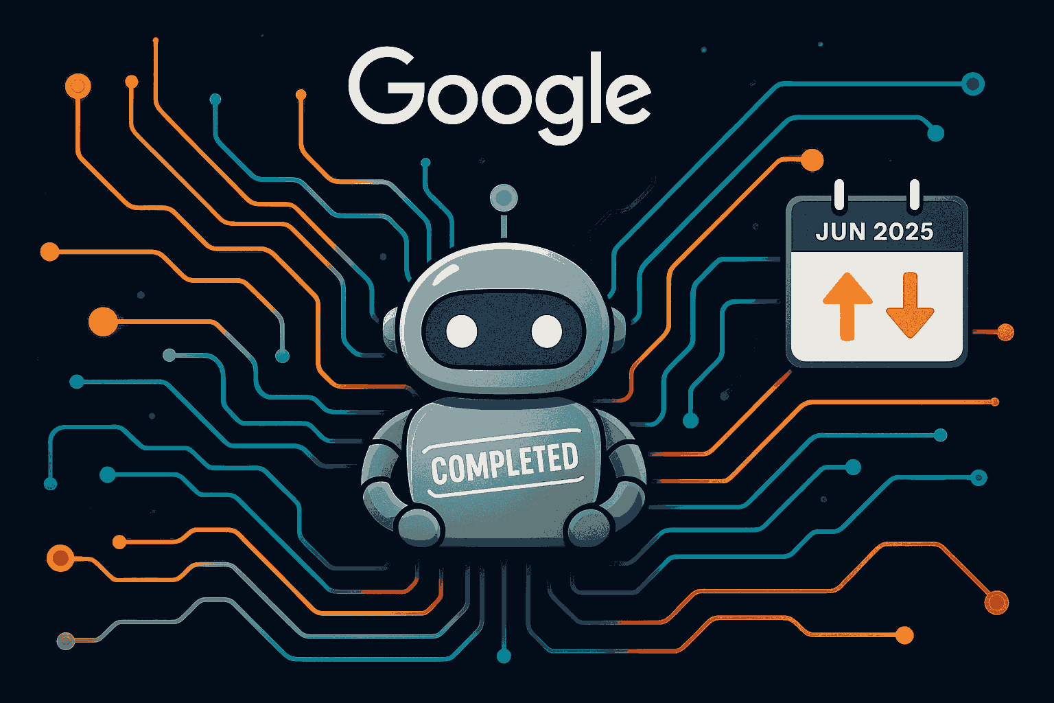A modern, futuristic illustration showing Google's search algorithm as a dynamic circuit board with colorful ranking signals flowing through it. A calendar icon shows June 2025, with upward and downward arrows representing ranking shifts. Use a clean, professional, tech-driven style with a dark-themed background and glowing search elements with google bot image and a completed stamp