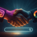 A cinematic digital illustration of a handshake between two business professionals, one wearing a sleeve with the Instagram logo in vibrant gradient colors and the other with the Google logo in primary colors. Below the handshake is a glowing search bar, symbolizing the integration of Instagram content into Google Search