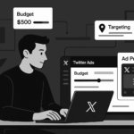 Person using a laptop to set up Twitter Ads with a $500 budget, targeting options, and a preview of the ad campaign; interface elements show budget slider, targeting location, and ad layout.
