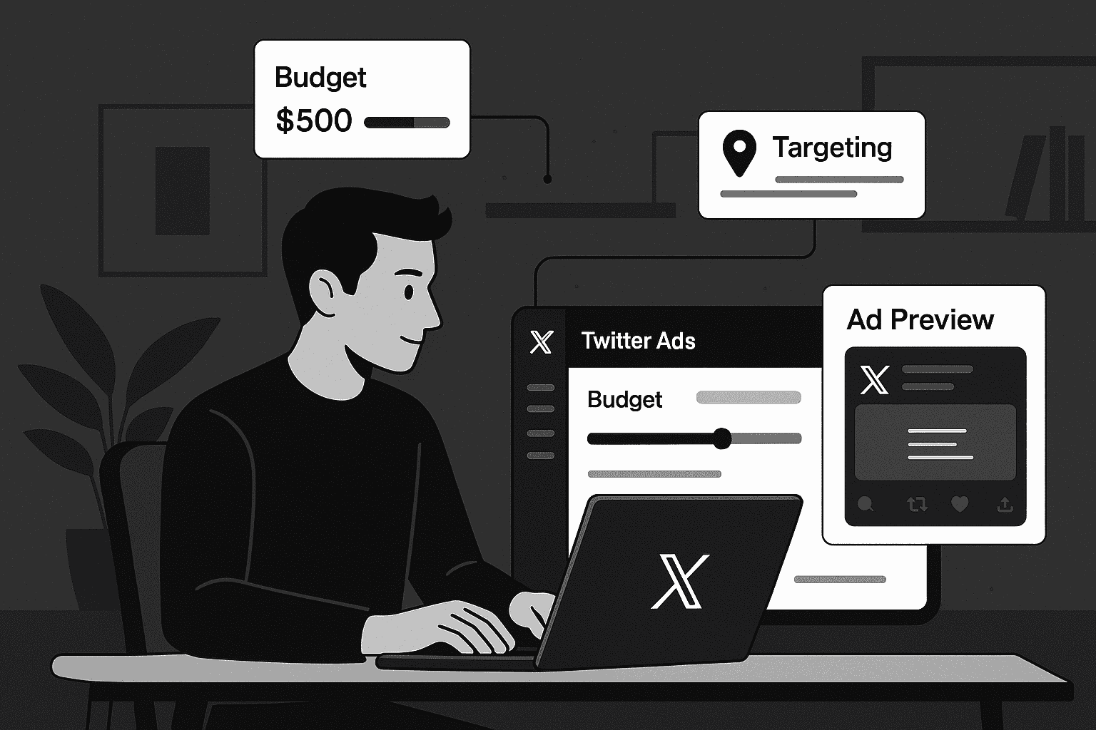 Person using a laptop to set up Twitter Ads with a $500 budget, targeting options, and a preview of the ad campaign; interface elements show budget slider, targeting location, and ad layout.
