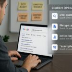 Man using Google with advanced search operators for SEO tasks.