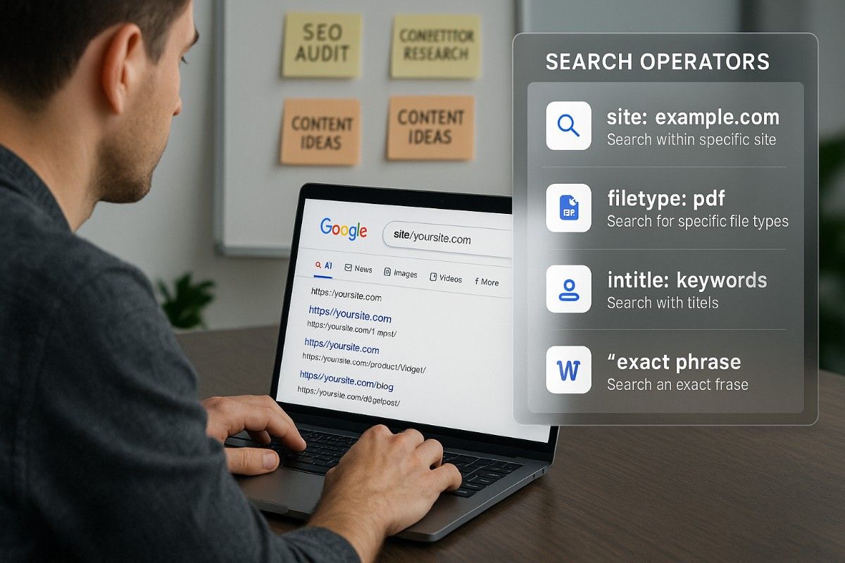 Man using Google with advanced search operators for SEO tasks.