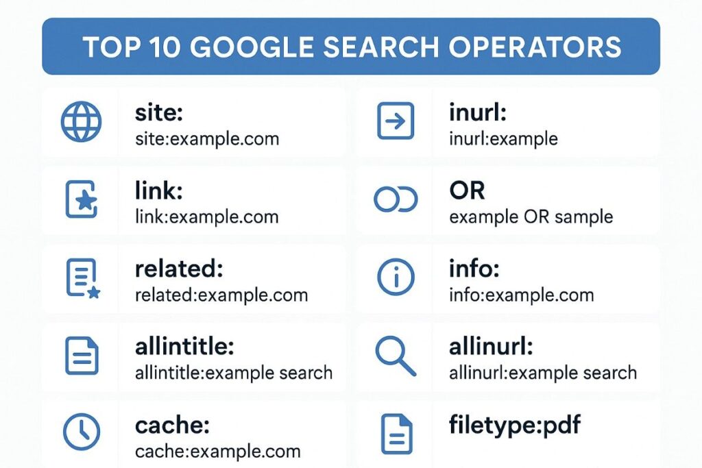 Top 10 Google search operators infographic with syntax examples