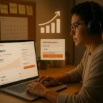 Person wearing headphones is working on a laptop displaying analytics and paid subscriptions dashboard, surrounded by digital icons of a dollar sign, upward growth chart, and documents.