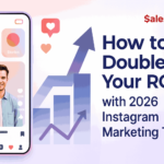 Graphic showing a smartphone with an Instagram reel preview and a rising bar chart beside text saying “How to Double Your ROI with 2026 Instagram Marketing Tips” from SalesNanny.