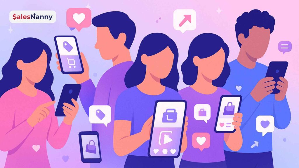 Brand team collaborating with an influencer and micro-creator to plan content partnerships using phones and laptops.