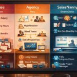 Comparison of in-house, agency, and SalesNanny marketing models showing costs, risks, and benefits with SalesNanny highlighted as the smart choice.