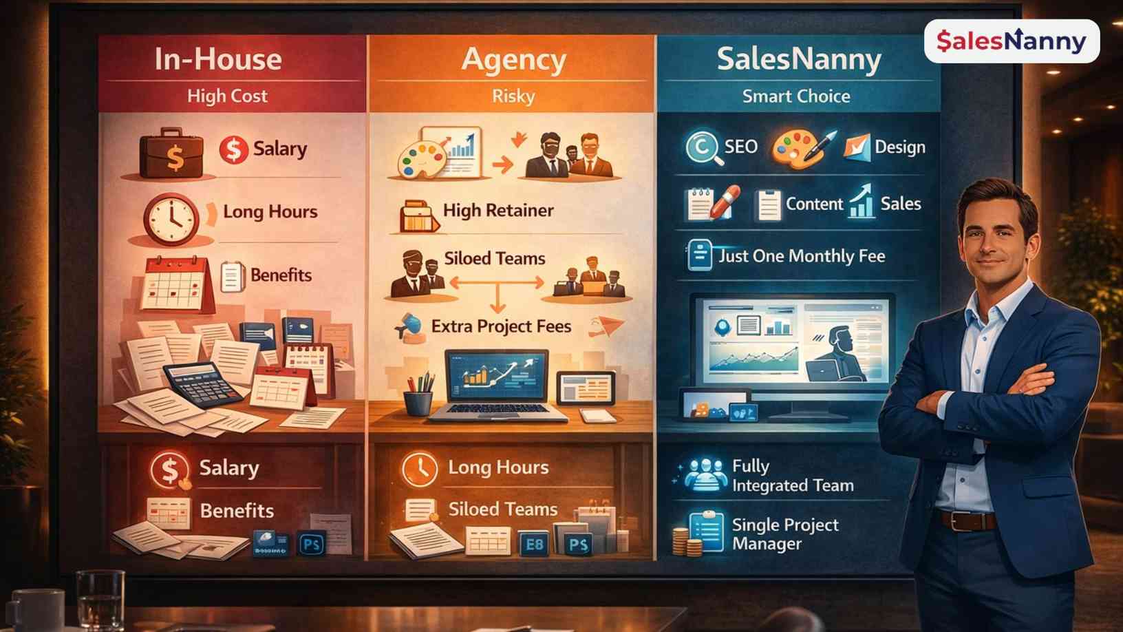 Comparison of in-house, agency, and SalesNanny marketing models showing costs, risks, and benefits with SalesNanny highlighted as the smart choice.