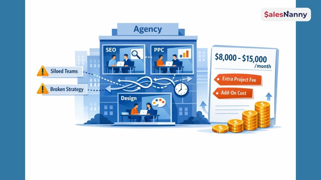 Illustration showing agency marketing model with SEO, PPC, and design teams, highlighting high monthly costs, add-on fees, and siloed workflows