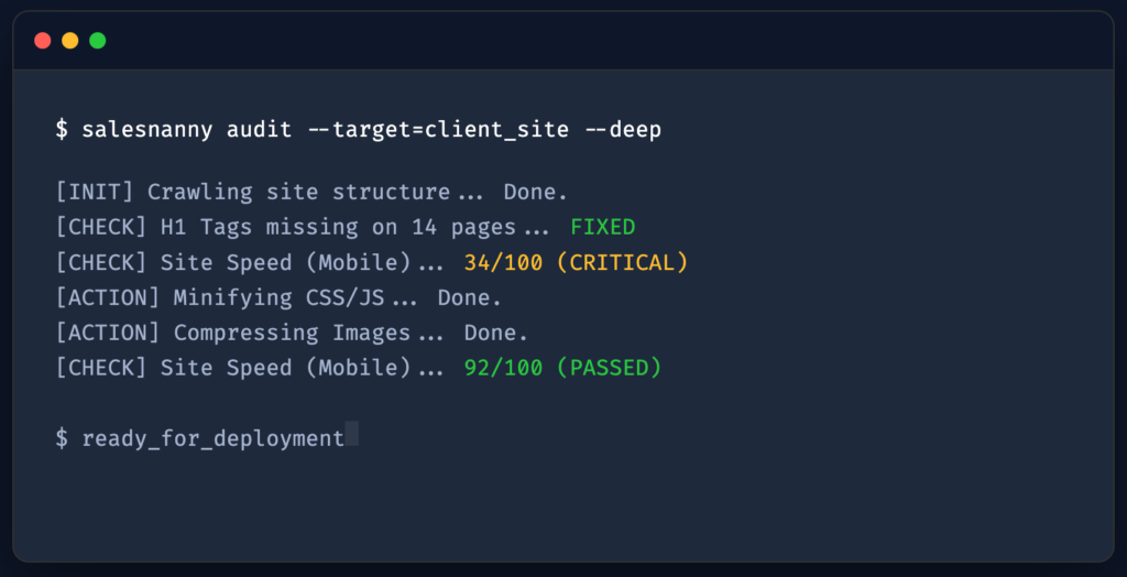 Technical SEO Audit terminal window showing site speed optimization and code fixes by SalesNanny engineering team