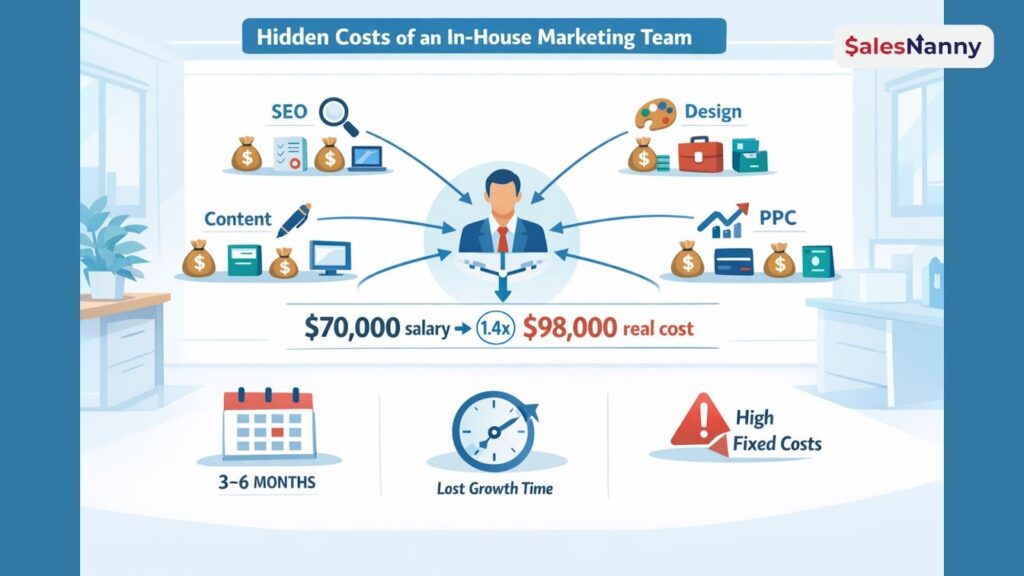 Infographic showing hidden costs of an in-house marketing team including SEO, content, design, PPC, and real salary impact.
